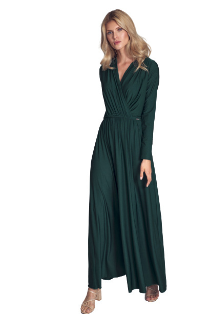 Sukienka Maxi - Z Długim Rękawem I Dekoltem V - zielona